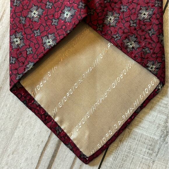Giorgio Armani cravatte burgundy red plum gray floral print men’s designer tie - Picture 8 of 9